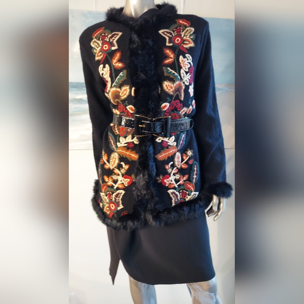 $2,400 OSCAR DE LA RENTA EXCL BLACK MULTI EMBROID WOOL RABBIT FUR COAT US L